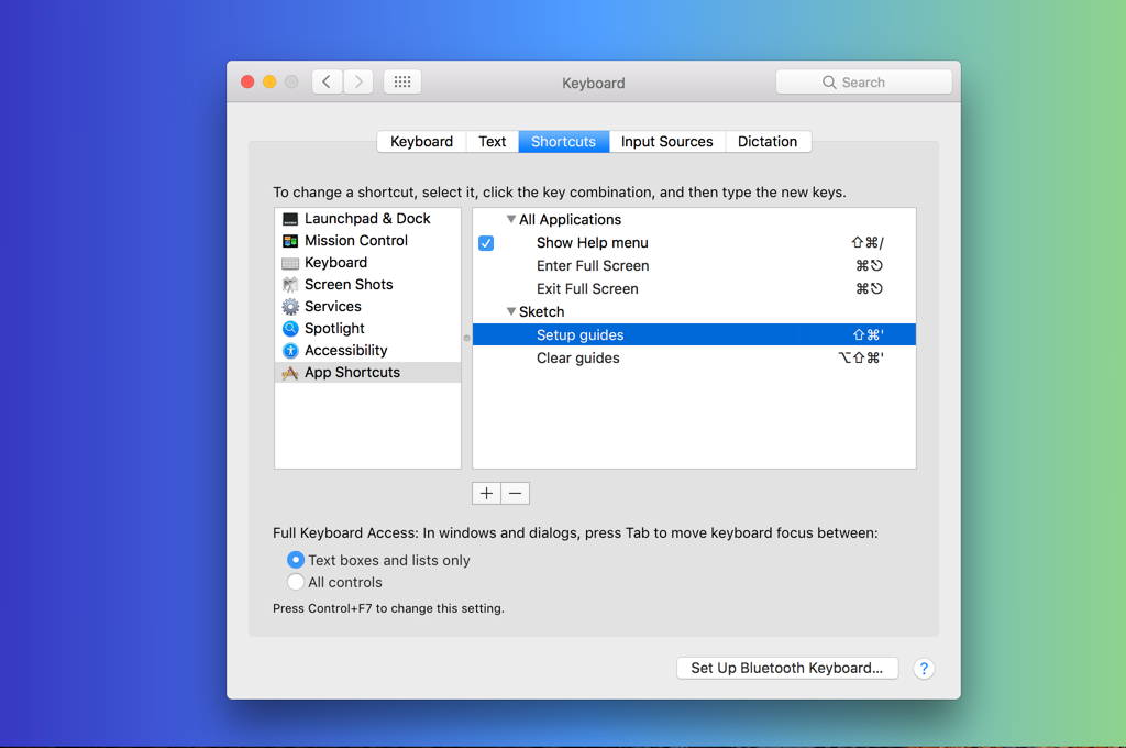 Keyboard shortcuts in the system preferences